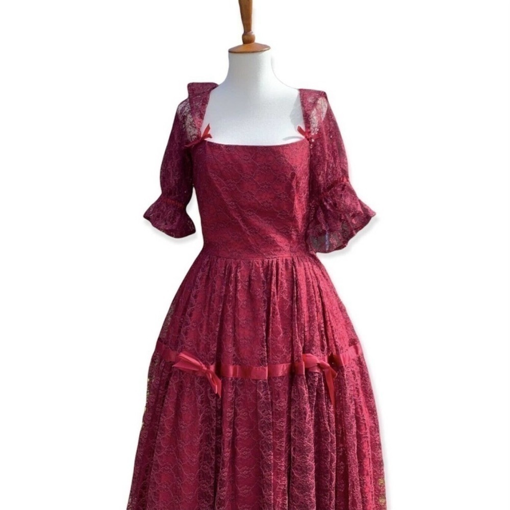 Vintage 70s 80s Crimson Lace Full Sweep Victorian Puff Sleeves Petticoat Gown S - Picture 8 of 17